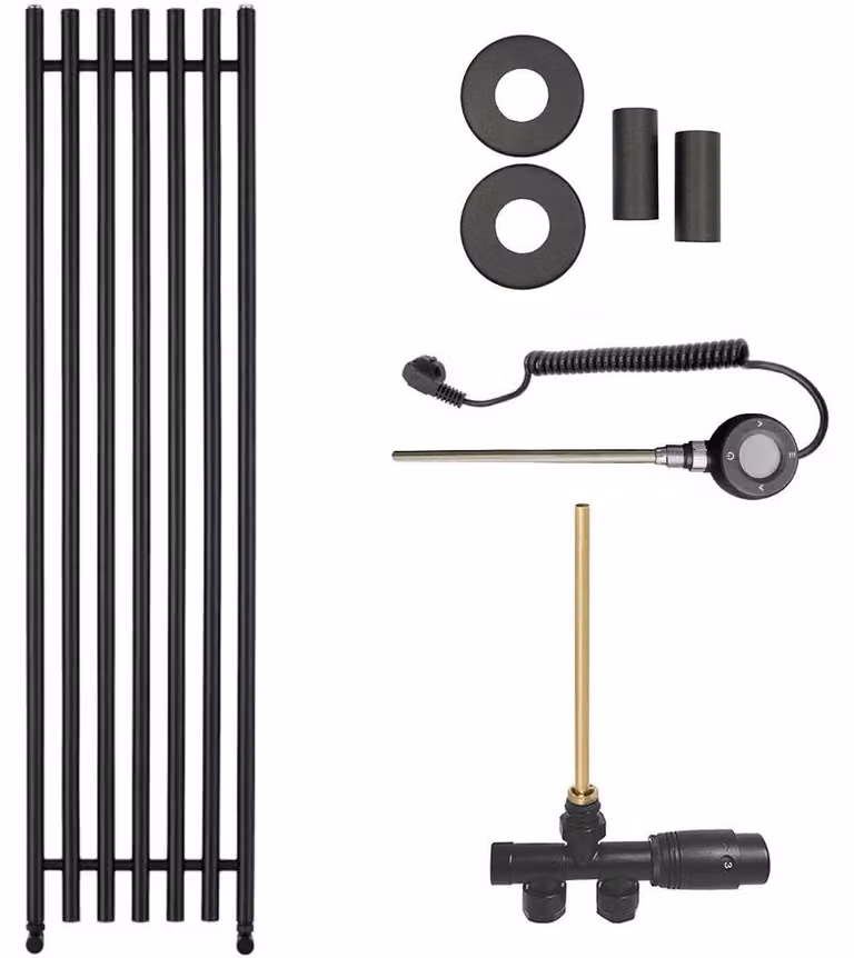 CERANO - Set di radiatori da bagno Valerio - riscaldamento combinato, asta Wi-Fi - attacco laterale a punto singolo - 872 W - nero opaco - 1560 x 390 mm