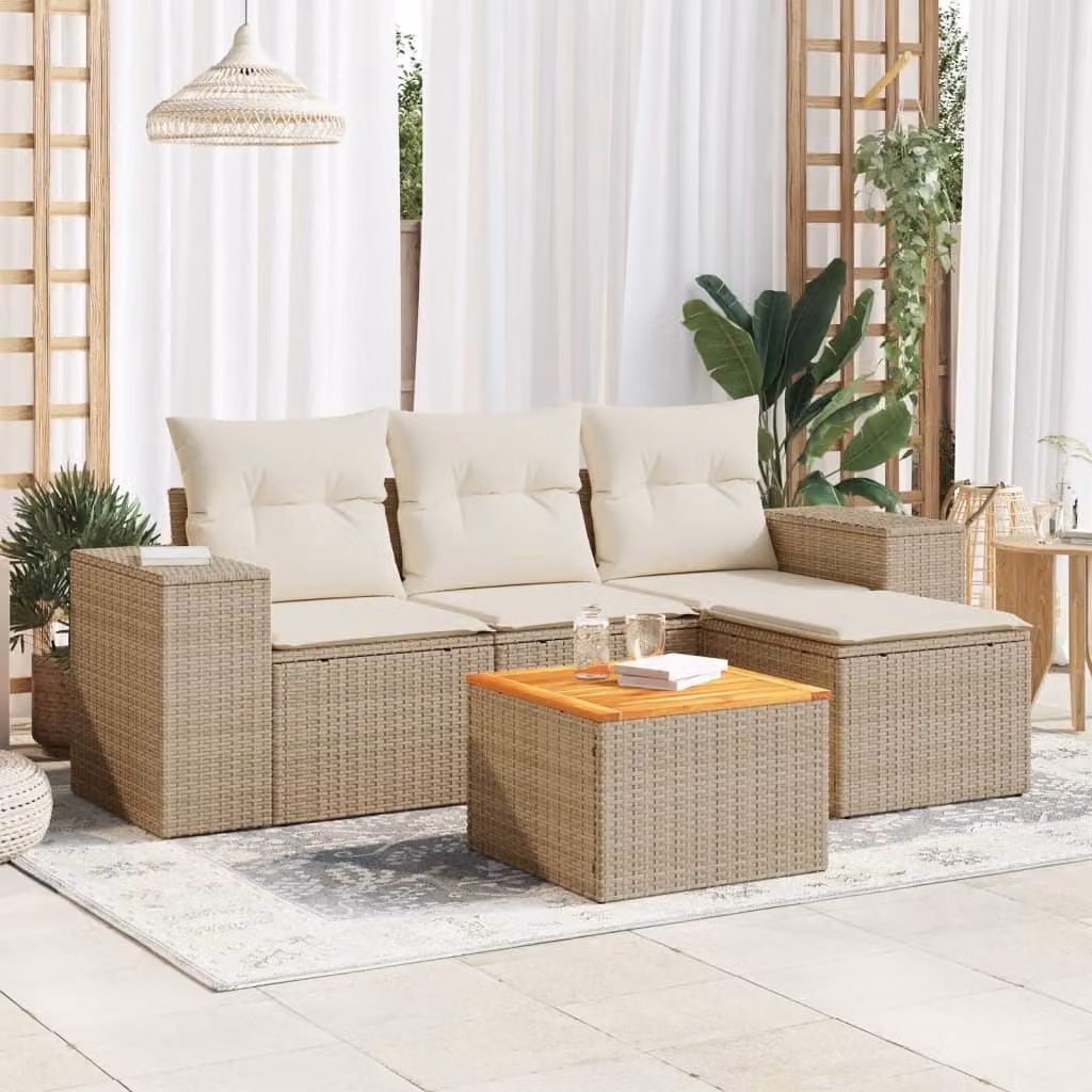 vidaXL Set Divano da Giardino a L 5 pz con Cuscini Beige e Tavolino, Struttura in Acciaio Verniciato e Polyrattan per Terrazza e Giardino