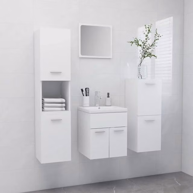 Set di mobili da bagno moderni vidaXL in legno bianco opaco composto da mobile lavabo, armadietto alto, mobile laterale e specchiera