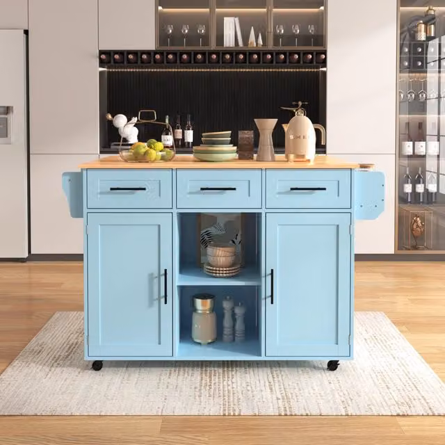 Carrello da cucina REDOM con piano ribaltabile in MDF blu, L 139 cm x P 46 cm x H 91,5 cm