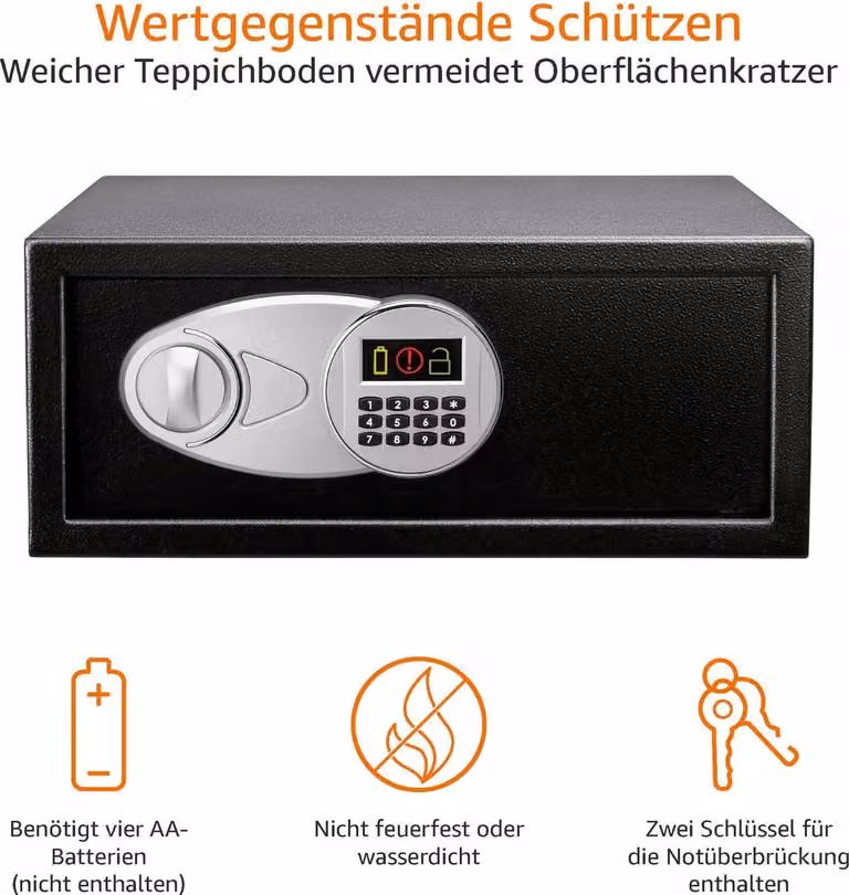 Cassaforte in acciaio Amazon Basics, sicurezza domestica, con chiusura a combinazione digitale – per contanti, gioielli, documenti d'identità, documenti, 28 l, 43 cm x 37 cm