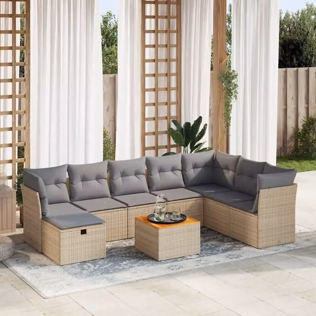 Set Divano da Giardino 9 pz con Cuscini Beige in Polyrattan 3325776