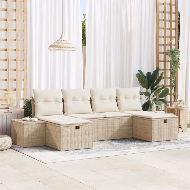 Set Divano da Giardino vidaXL 6 pz in Polyrattan Beige con Cuscini e Ottoman L-Shape