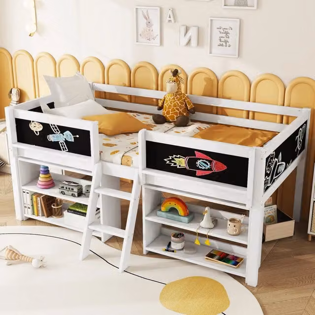 Letto a soppalco singolo OKWISH per bambini in pino bianco con ripiani laterali e scala, L/P/H: 200 x 90 x 124 cm – 1