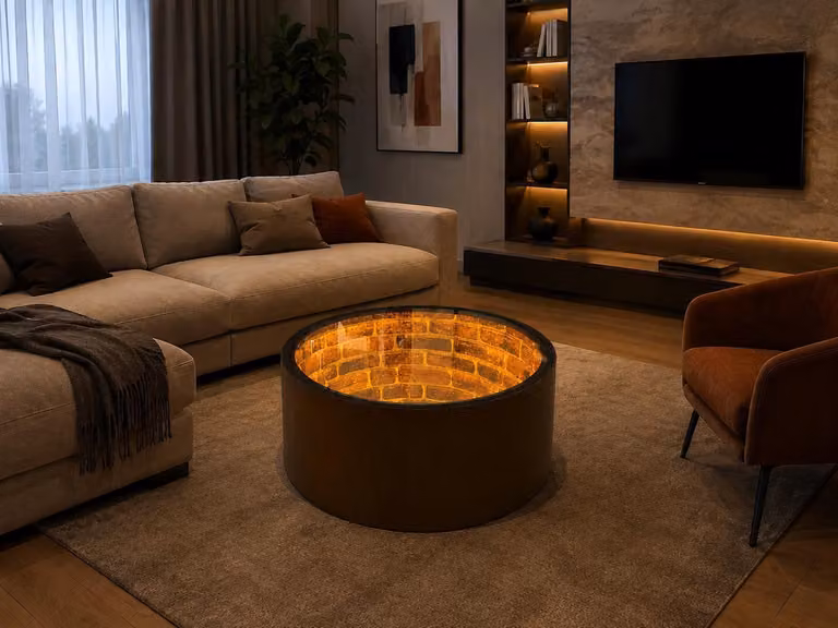 Tavolino ausiliario in legno con piano in vetro e illuminazione LED 3D