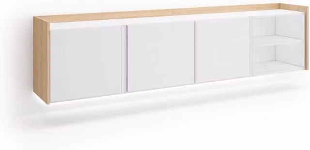 Mobile TV Soggiorno, 207x50x35 cm, Per TV fino a 80", Sospeso, da appendere, LED, Bianco e Rovere soft