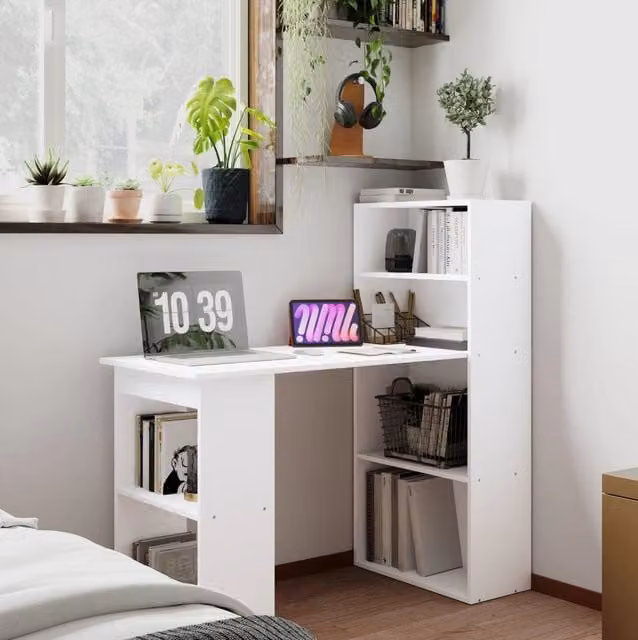 Scrivania ULEVR 120x55x120 cm bianca con 4 ripiani, 2 vani aperti e piano superiore