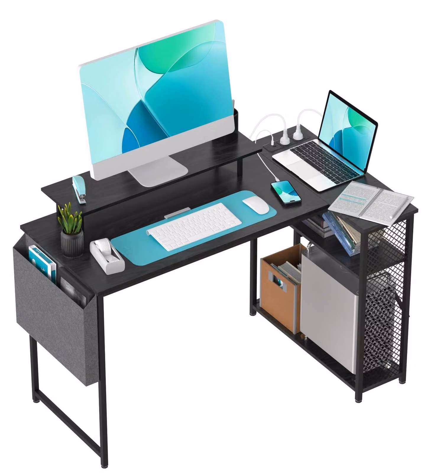 Scrivania angolare per computer - Scrivania a L - 2 ripiani - Struttura in metallo - 100 × 70 cm - Per ufficio e gaming - Nero
