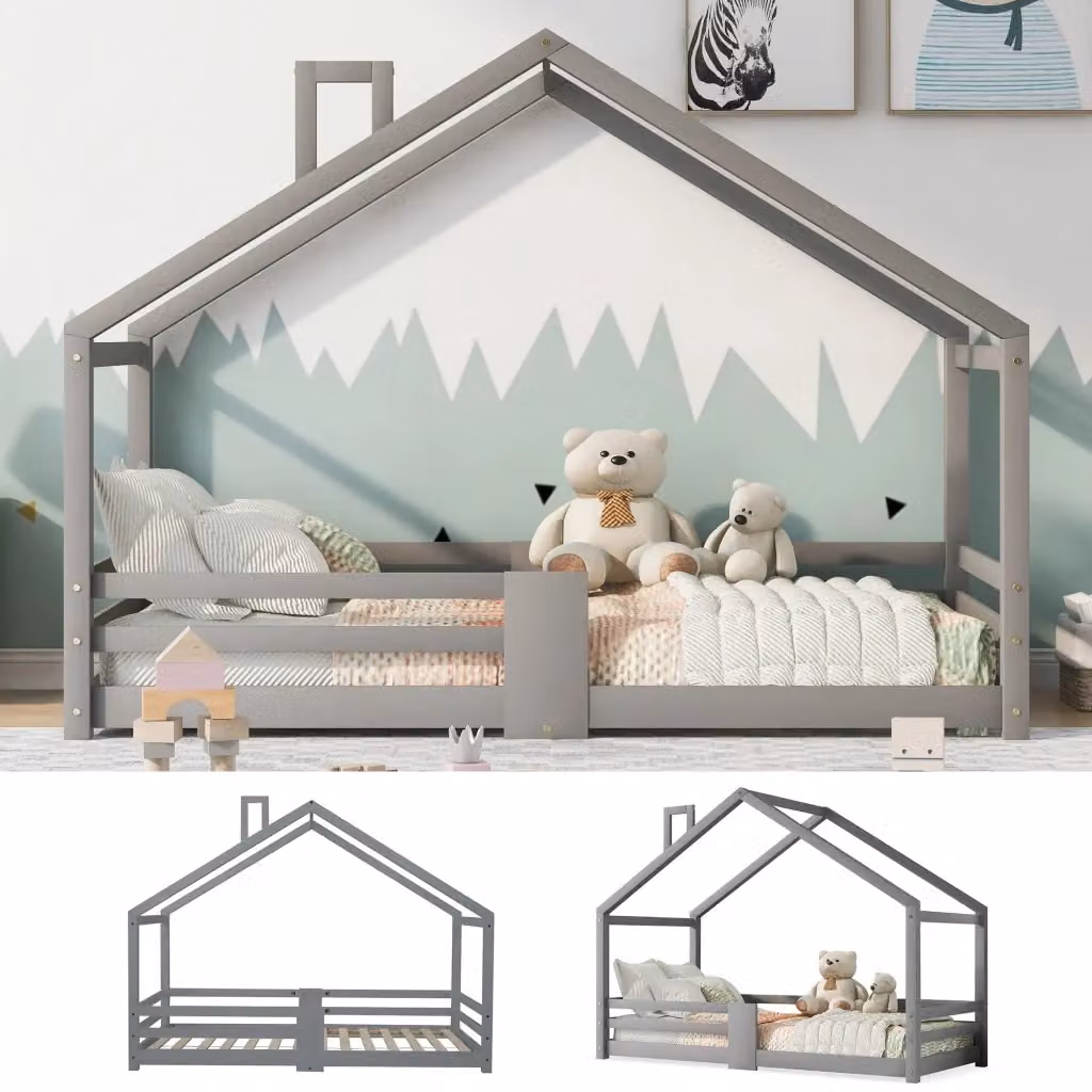 Letto Casetta Singolo per Bambini in Legno di Pino con Sponde di Sicurezza e Tetto, Grigio, L/P/H: 90 x 200 x 120 cm – 2