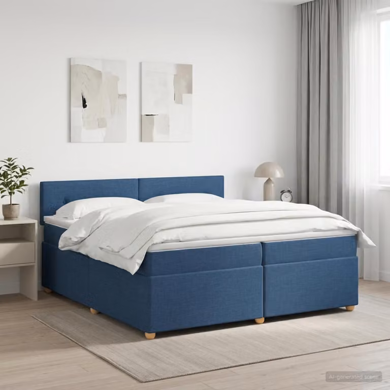 Letto box spring con materasso ibrido vidaXL in tessuto blu e bianco L/P/H: 200 x 200 x 88 cm