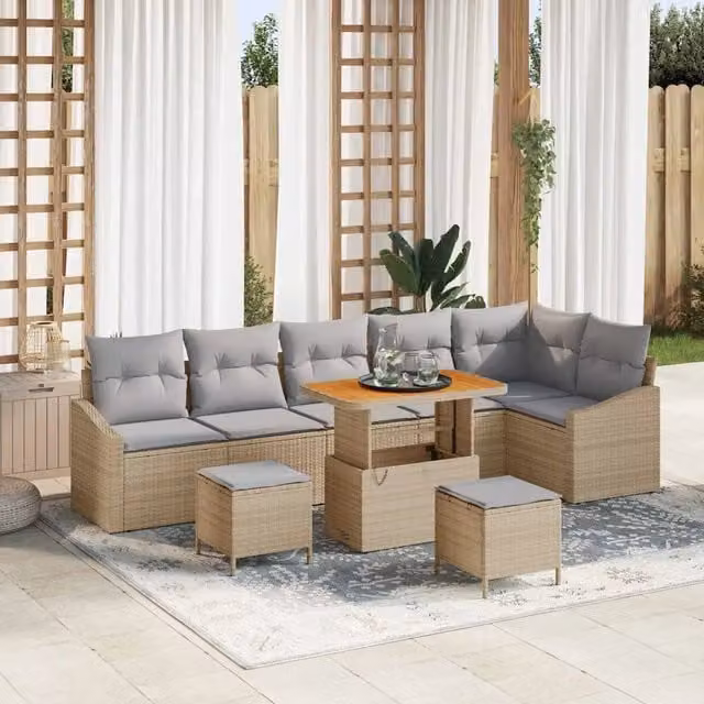 Set Divano da Giardino 9 pz 7-Numero di posti Beige Poly Rattan 3364627