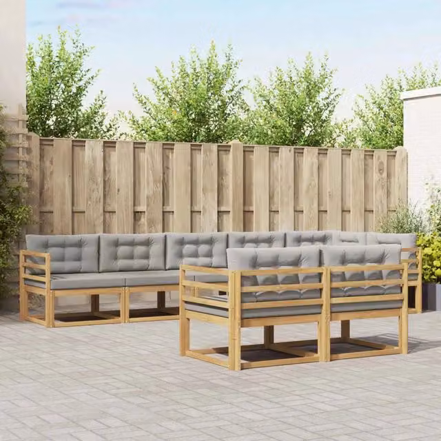 Set di divani da esterno a L vidaXL in legno di acacia con cuscini, Bianco e Grigio – 1