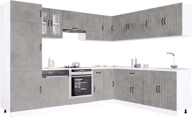 Set di mobili da cucina moderno vidaXL composto da 14 pezzi in colore grigio con finitura opaca e dettagli in legno e vetro