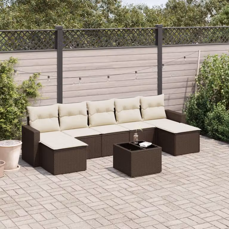 Set di divani da giardino vidaXL 8 pezzi in polyrattan marrone con cuscini e tavolino da esterno a forma di U