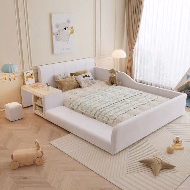 Letto imbottito per bambini con scrivania e sgabello ¨C Minimal ¨C Velluto bianco 140x200cm