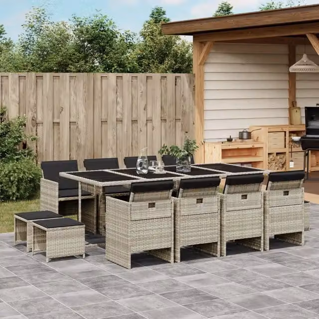 Set da pranzo da giardino vidaXL in polyrattan con cuscini e tavolo in vetro, 13 pezzi, Grigio Antracite