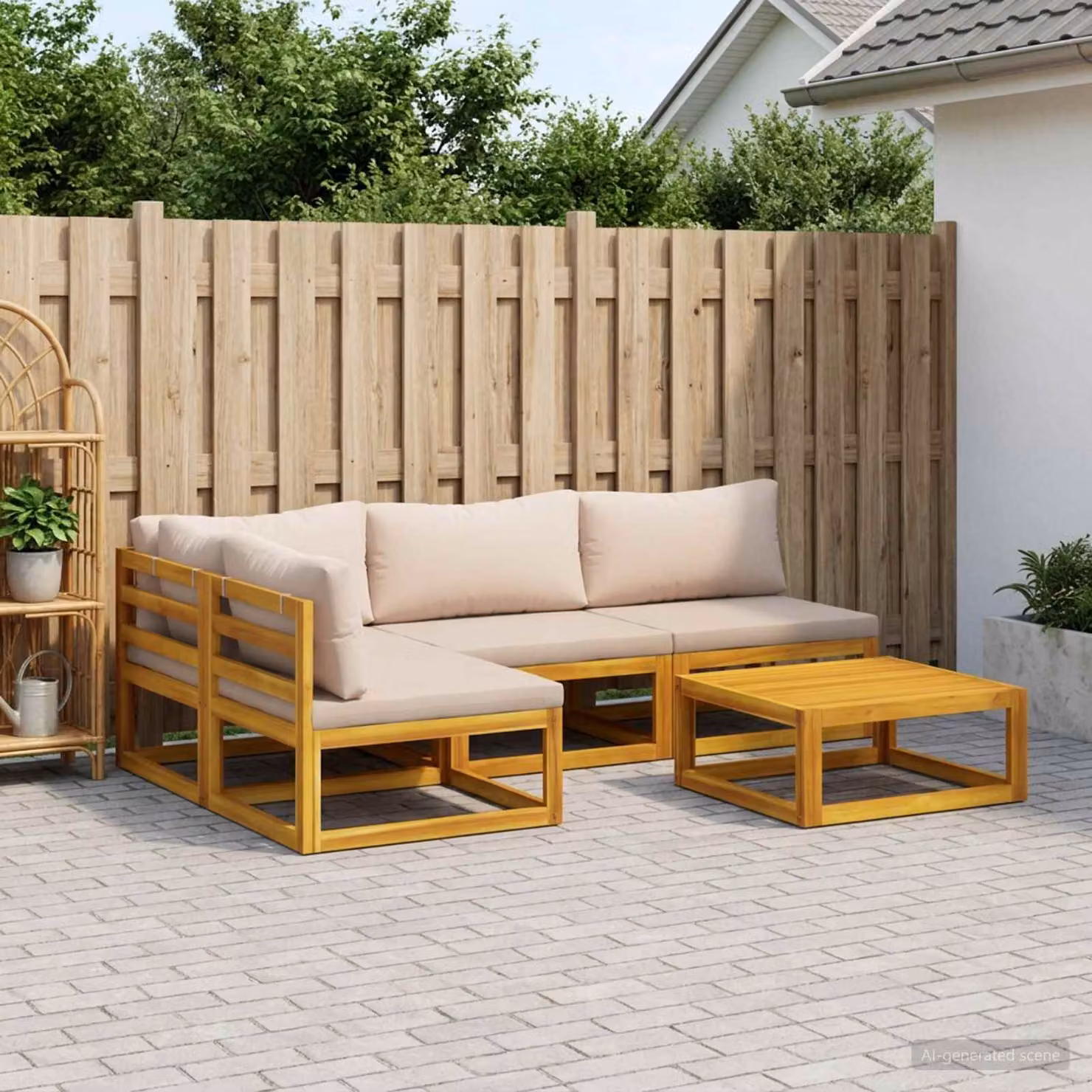 Set di divani da giardino vidaXL in legno di acacia massello con cuscini beige e tavolo da caffè, composizione a L con 5 pezzi in stile rustico e colore marrone