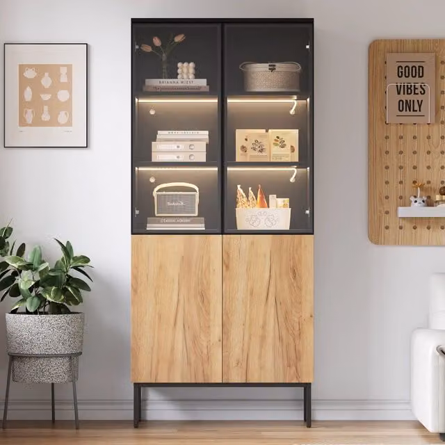 Libreria Vetrina ¨C Minimal ¨C Nero Rovere 5 Ripiani 60x30x180cm per Ufficio Soggiorno con Luci LED