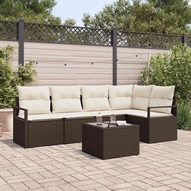 Set di divani da giardino vidaXL in polyrattan marrone con cuscini beige e tavolino da esterno a forma di L