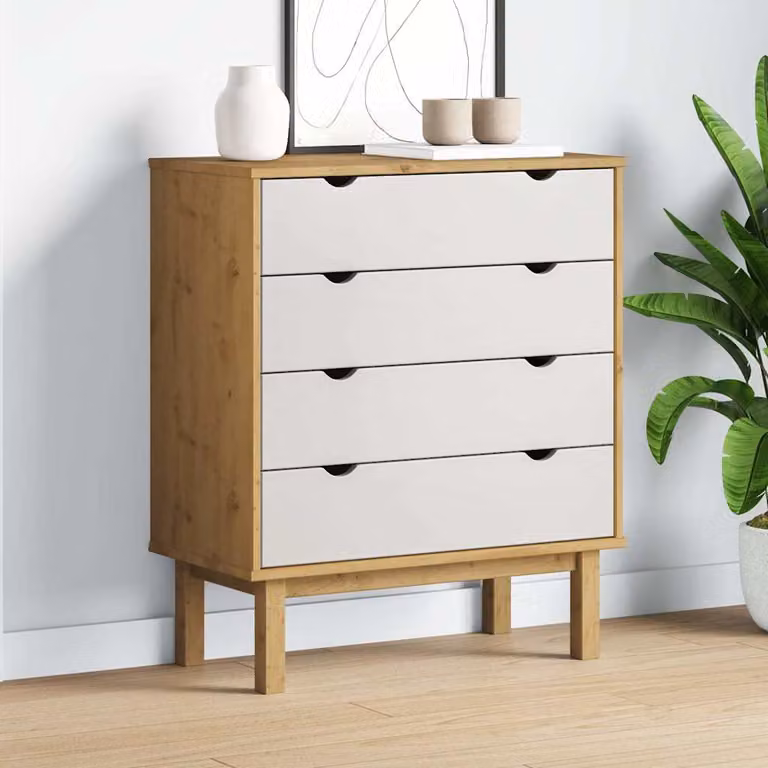 Cassettiera OTTA vidaXL in legno di pino, Marrone e Bianco, L: 76,5 cm, P: 39,5 cm, H: 90 cm