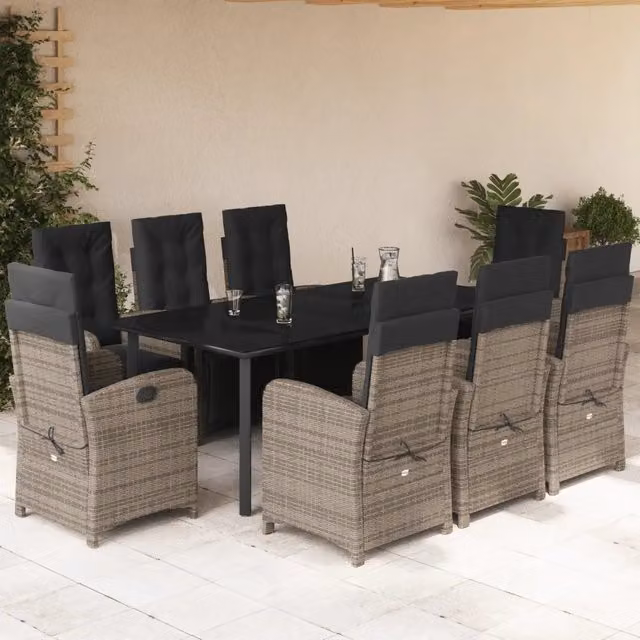 Set da Pranzo da Giardino 9 pz vidaXL in Polyrattan Grigio e Nero con Tavolo in Vetro – 1