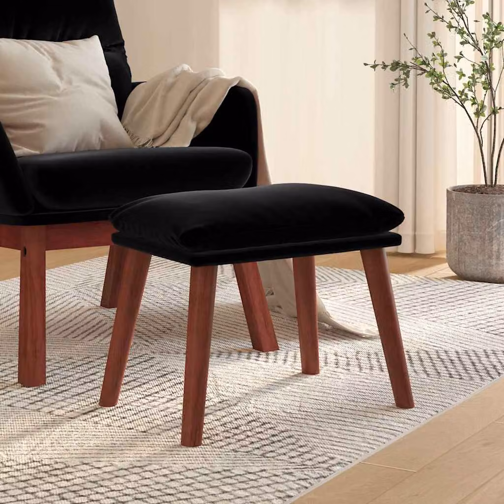 Poggiapiedi vidaXL in velluto nero con struttura in legno, L 45 x P 29,5 x H 35 cm