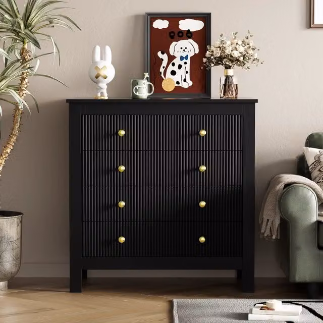 Credenza moderna Zephmum con ante a righe e maniglie dorate, colore nero e oro