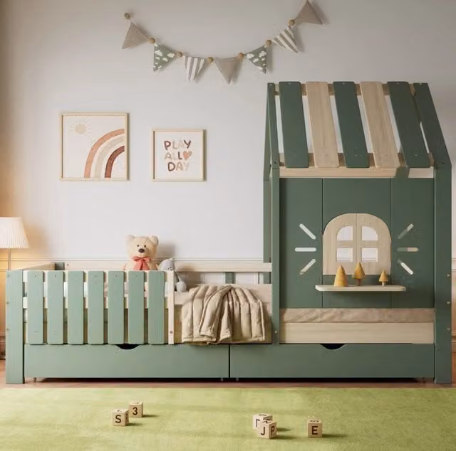 Letto a casetta per bambini con tetto; finestra e 2 cassetti; 90x200 cm; legno massello e MDF; verde