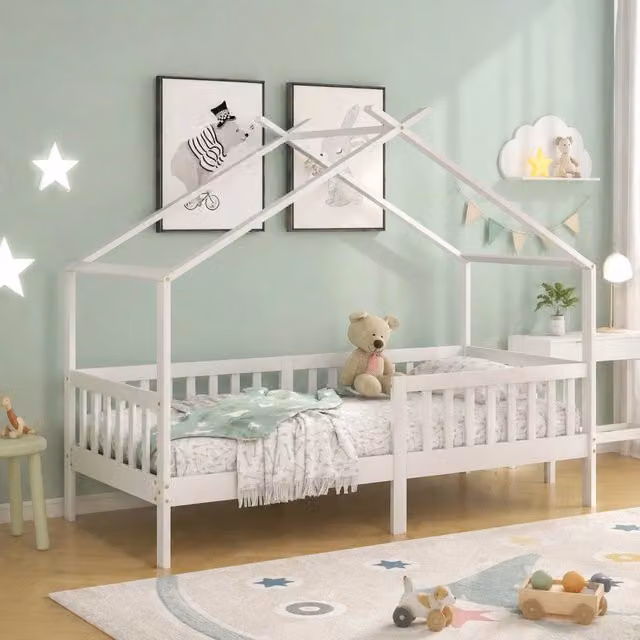 Letto casetta per bambini Beaok in legno di pino massello bianco con sponde e rete a doghe L/P/H: 205 x 90 x 165 cm