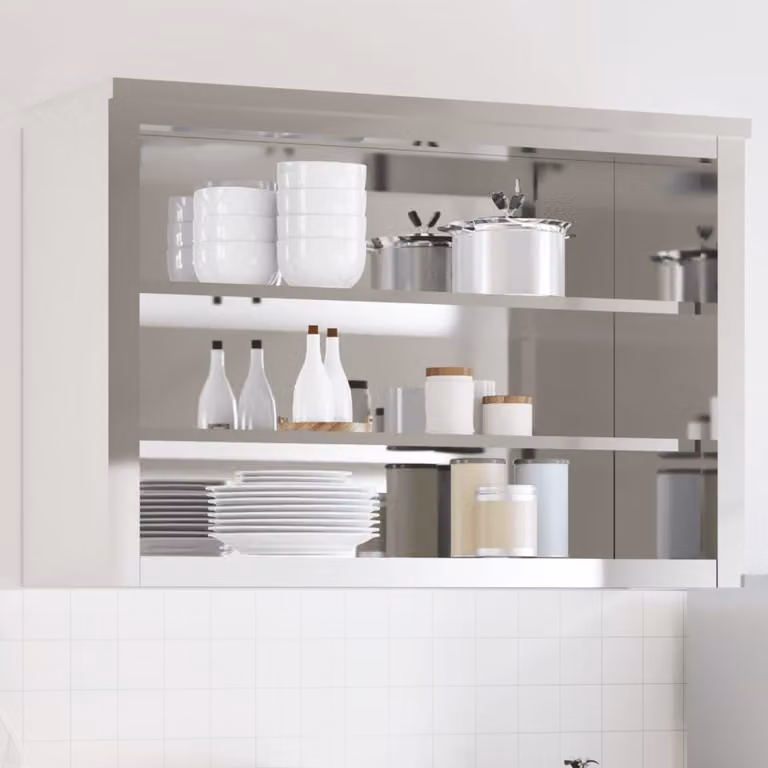 Mobile Cucina da Parete vidaXL con Ripiani in Acciaio e Ante in Vetro, Bianco e Argento, L: 110 cm, H: 75 cm, P: 40 cm