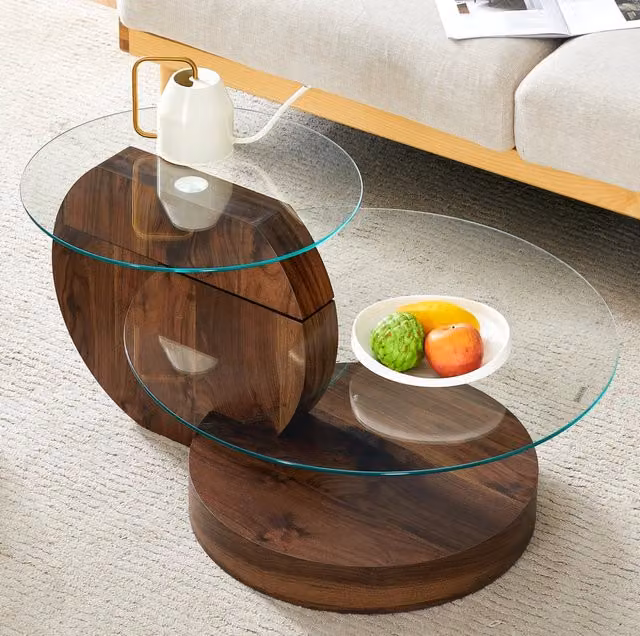 Tavolino da caffè rotondo con ripiani in vetro e MDF 78;5x78;5x24;5 cm trasparente noce