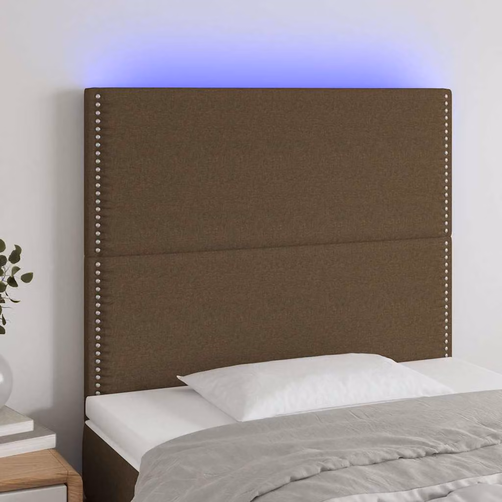 Testiera per letto vidaXL in tessuto marrone scuro con illuminazione LED e porta di ricarica USB, L: 90 cm, P: 5 cm, H: 118/128 cm