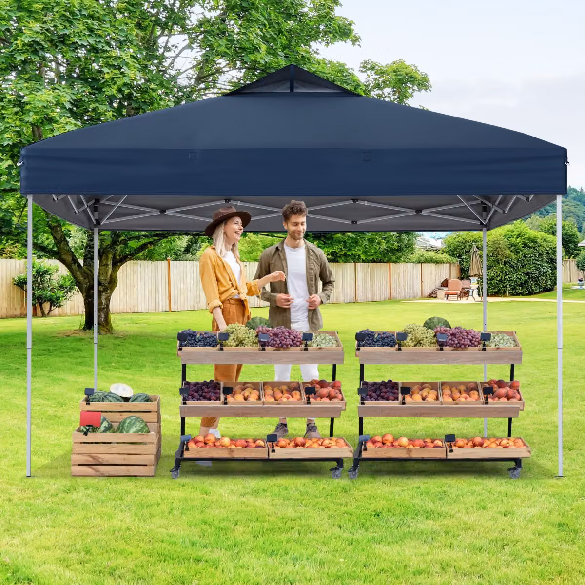 Gazebo pieghevole pop-up Costway per patio all'aperto con blocco centrale, Blu scuro, L/P: 295 x 295 cm, H: 275 cm