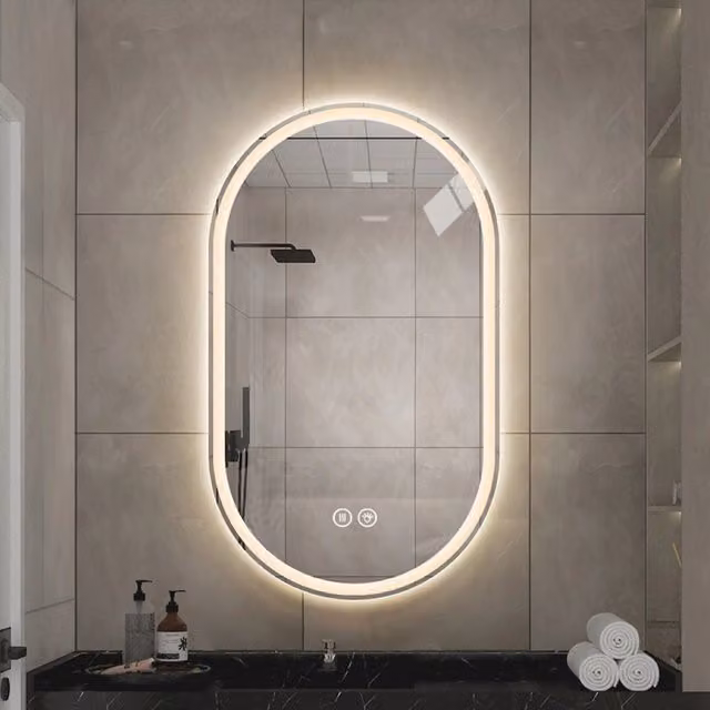 Specchio bagno led 60x90 ovale senza cornice antiappannamento touch screen 3 colori; alluminio e vetro temperato