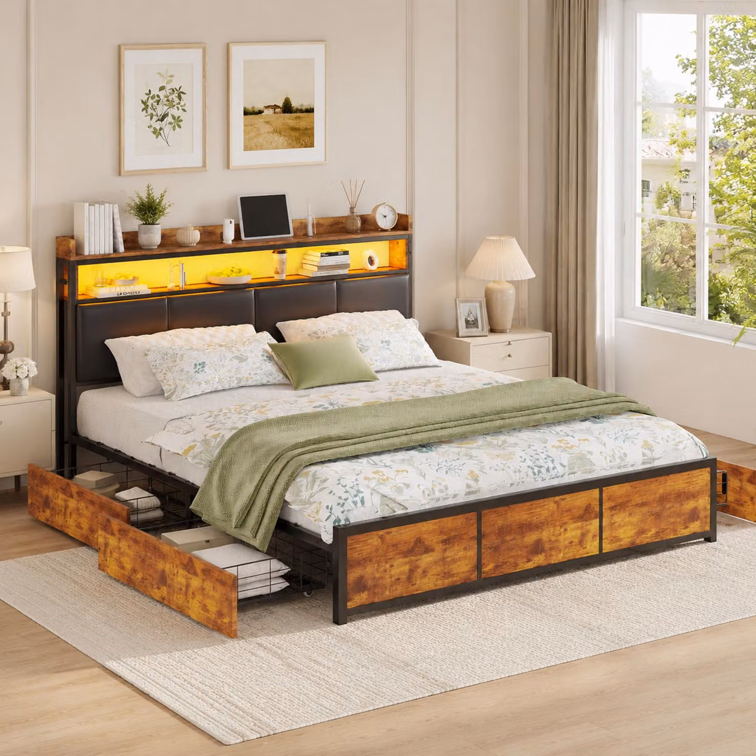 Letto imbottito INONEFT, 160x200 cm, letto matrimoniale con 4 cassetti, struttura in metallo con rete a doghe in ferro, testiera con LED e spazio contenitivo, rivestimento in PU, colore nero
