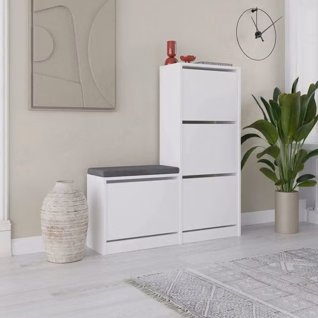 Scarpiera DMORA Velma Bianca con Seduta Integrata per 8 Paia di Scarpe L: 105 cm, P: 26 cm, H: 119 cm – 1