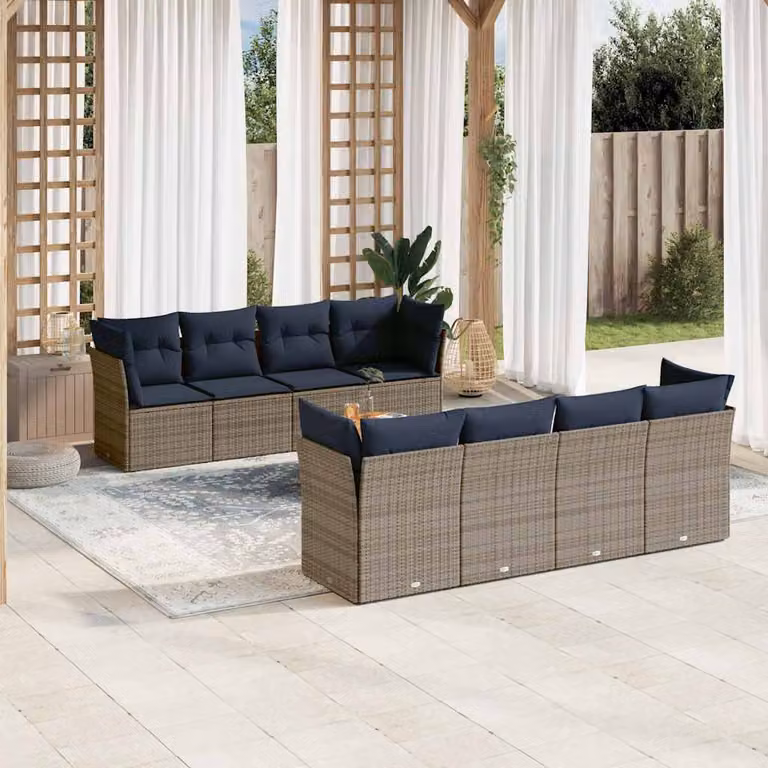 Set di divani da giardino vidaXL in polyrattan grigio con cuscini e tavolino da esterno