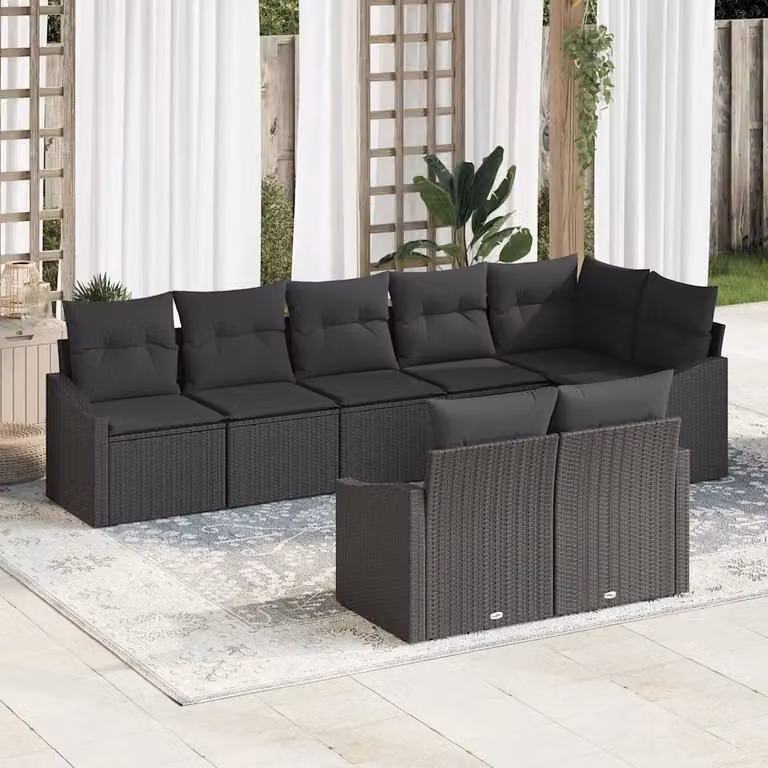 Set Divano da Giardino vidaXL 8 pz a Forma a L in Polyrattan Nero con Cuscini e Struttura in Metallo