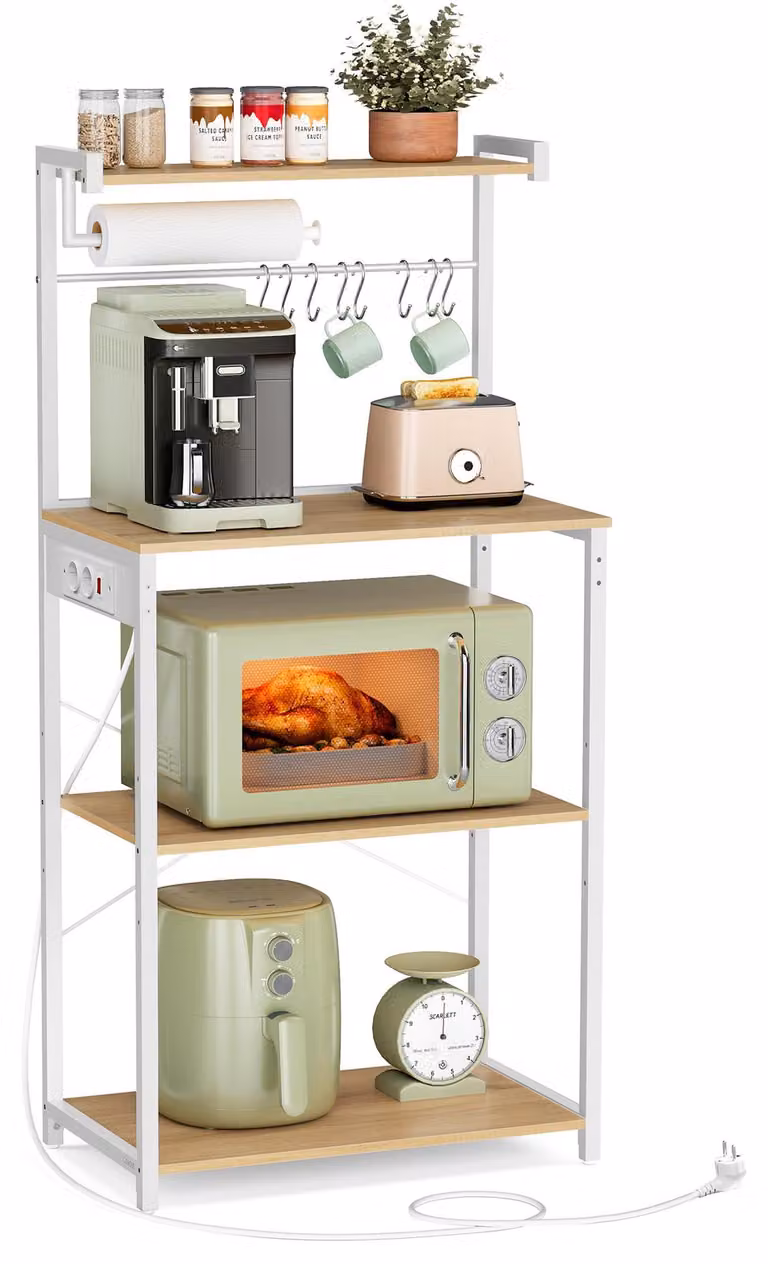 VASAGLE - Scaffale da cucina con prese elettriche, ripiano per microonde, 4 livelli, 8 ganci – Dimensioni 60 cm di larghezza, colore noce dorato e bianco opaco