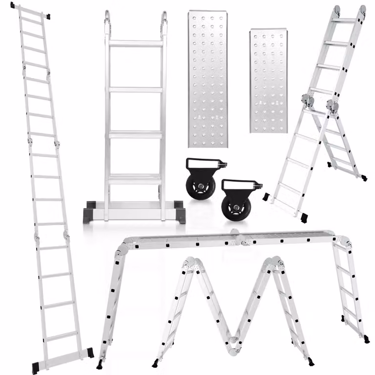 Scala multifunzione in alluminio Ikodm 7in1, con 4 gradini, altezza circa 470 cm / 4,7 metri, scala a sbalzo e pieghevole, dotata di 2 piattaforme e ruote per il trasporto, capacità massima di carico: 150 kg