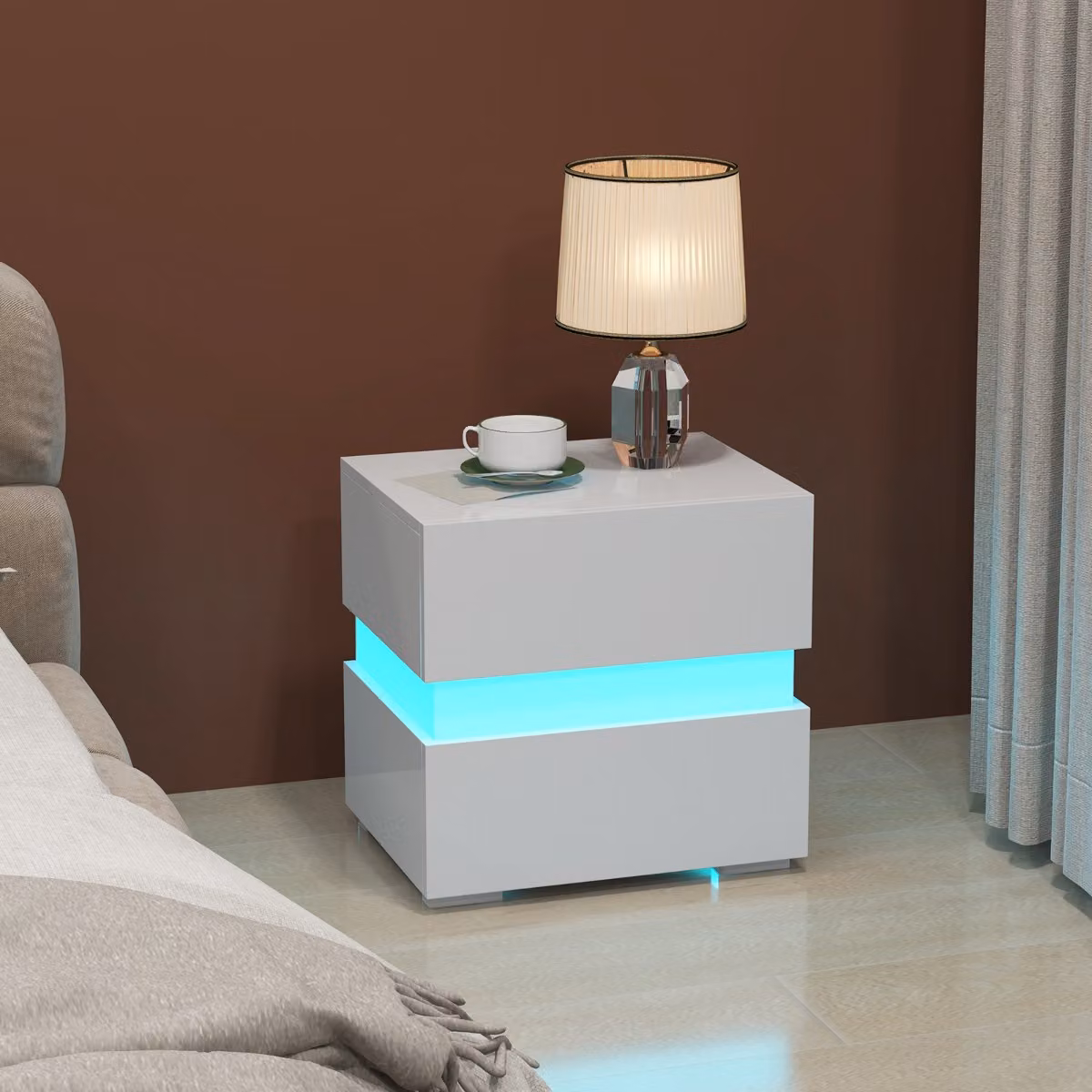 Comodino moderno Costway con illuminazione LED integrata e cassetti, Bianco lucido