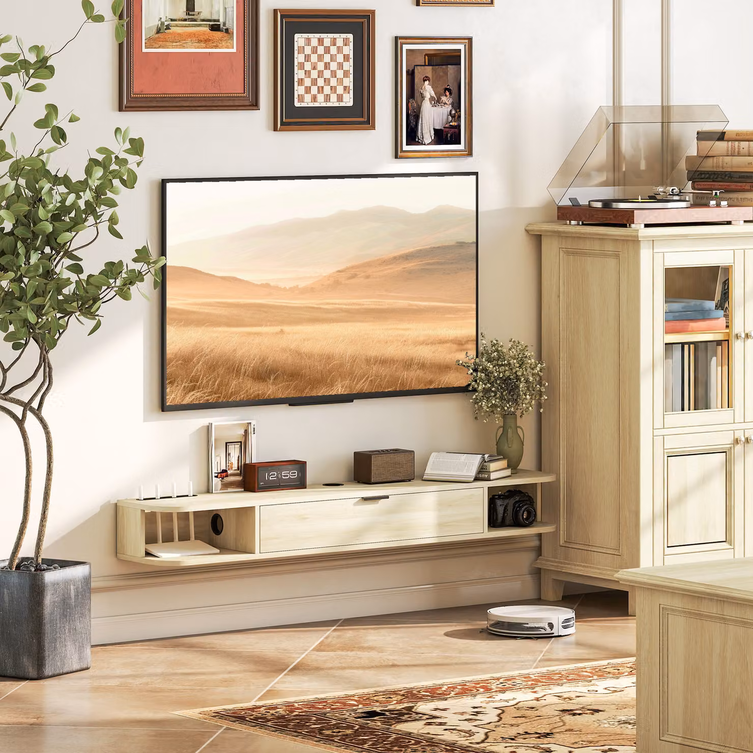 Mobile TV sospeso HOMCOM in legno naturale con cassetto ribaltabile e 2 ripiani aperti, L 140 x P 24 x H 16 cm – 2