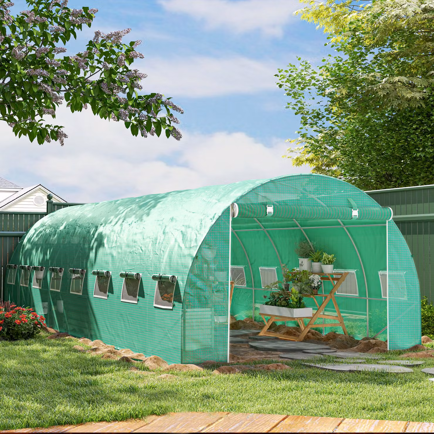 Serra da giardino a tunnel Outsunny verde con 16 finestre, porta con zip avvolgibile e struttura in acciaio zincato con telo PE, L/P/H: 8 x 3 x 2 m – 2