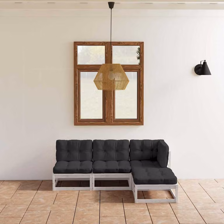 Set di divani da giardino vidaXL a forma di L composto da 4 pezzi con cuscini in tessuto, struttura in legno massello di pino trattato, ideale per esterni