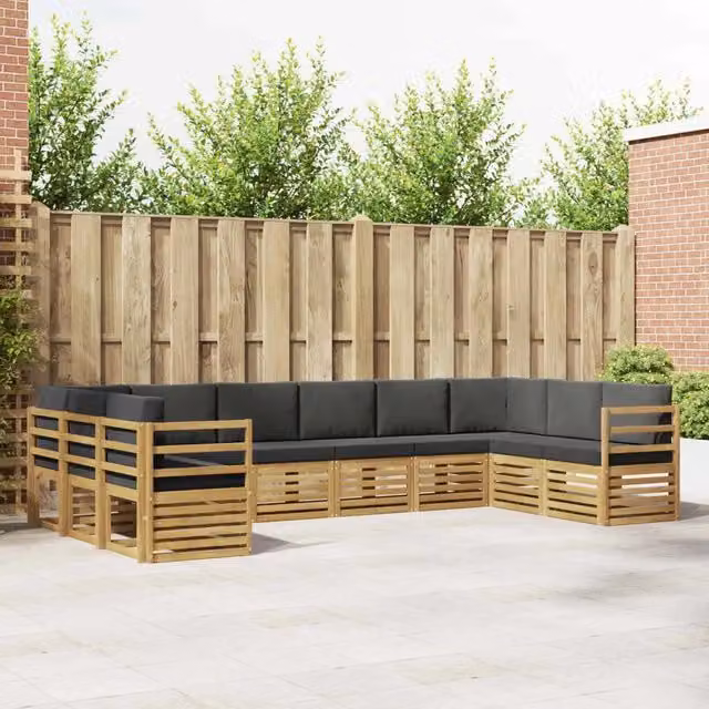 Set di divani da esterno a L vidaXL in legno di acacia con cuscini bianchi e antracite – 1