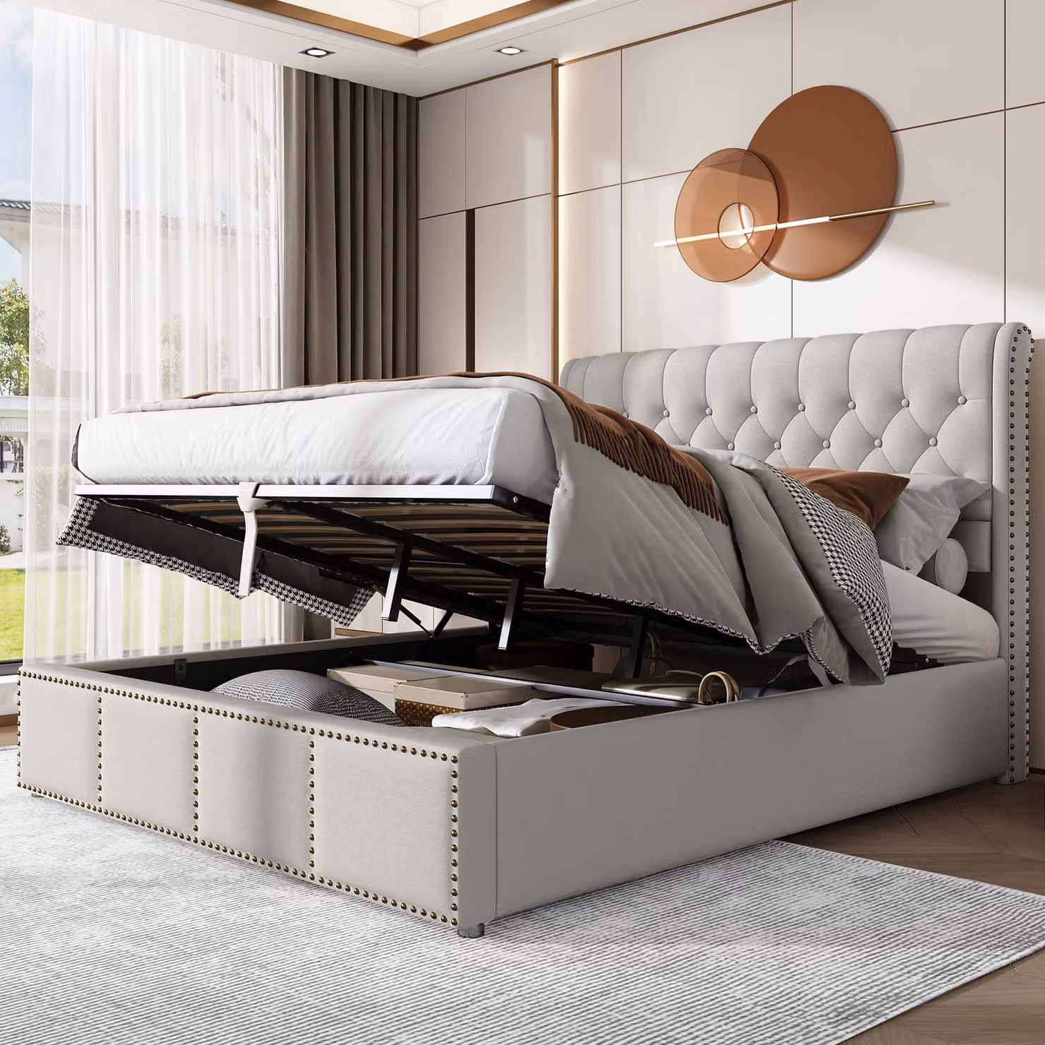 Merax Letto a molle idrauliche 140x200cm Letto imbottito con rete e doghe, letto contenitore Letto funzionale con decorazione a rivetti e contenitore, letto matrimoniale in lino, grigio chiaro