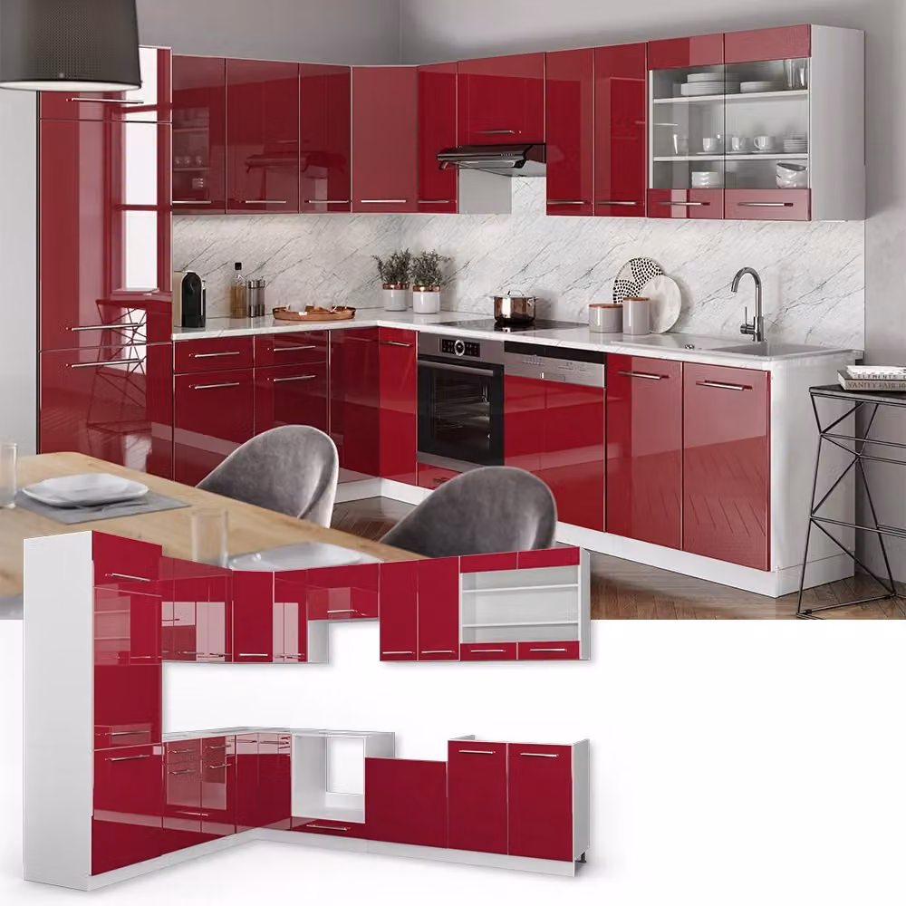 Cucina angolare moderna Vicco Fame-Line bordeaux lucido e bianco con piano in marmo L/P/H: 287 x 227 x 85 cm – 2