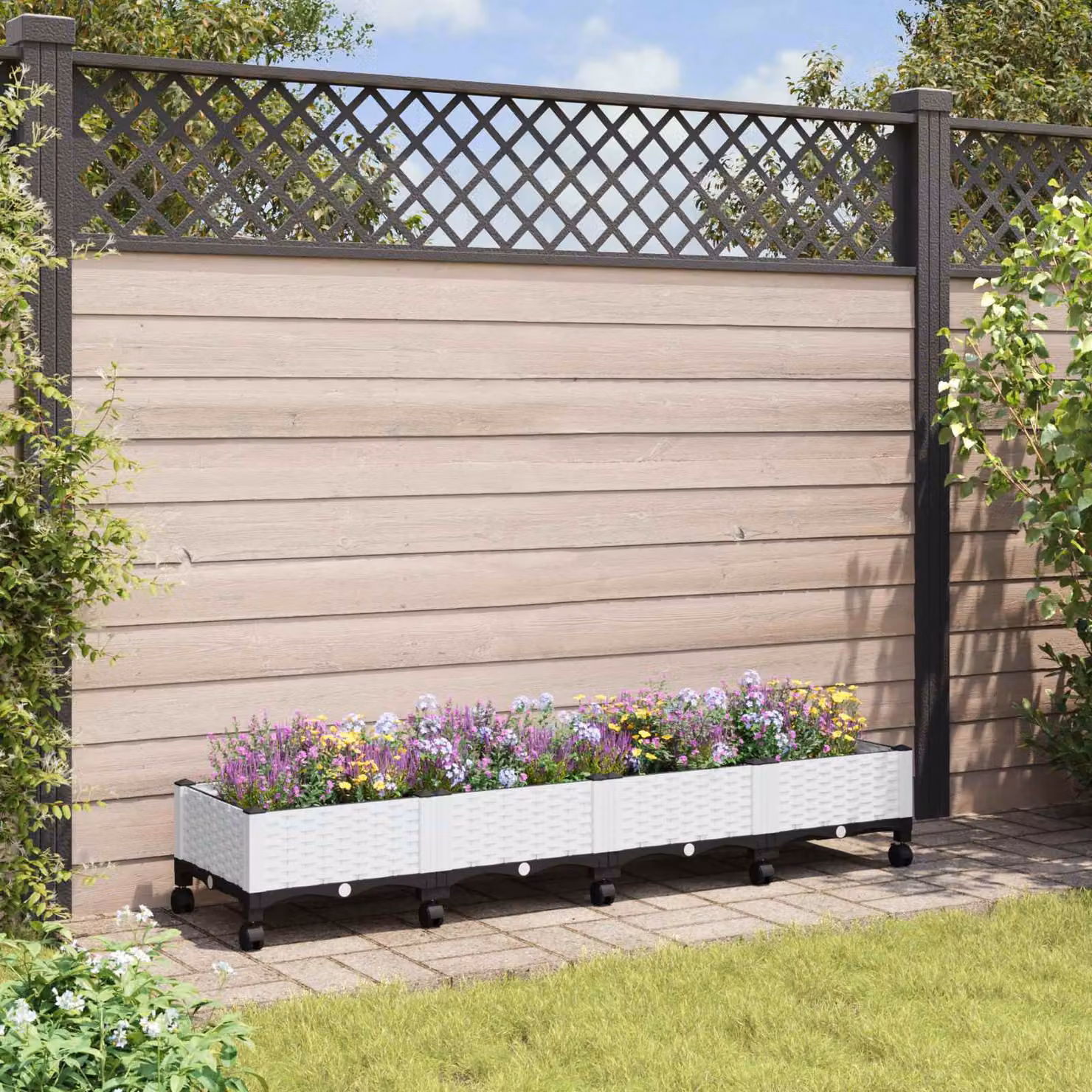 Vaso da giardino con ruote vidaXL in plastica bianco H 160 x L 40 x P 29 cm