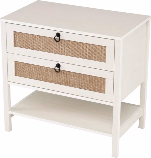 Comodino bianco moderno con 2 cassetti e 1 ripiano aperto in rattan per camera da letto o salotto, L/P/H: 40 x 65 x 68 cm – 1