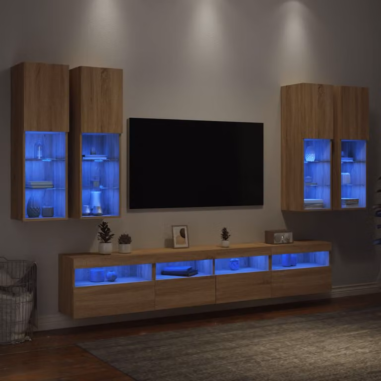 Set di mobili TV da parete moderno vidaXL composto da 7 pezzi in legno color rovere con luci LED